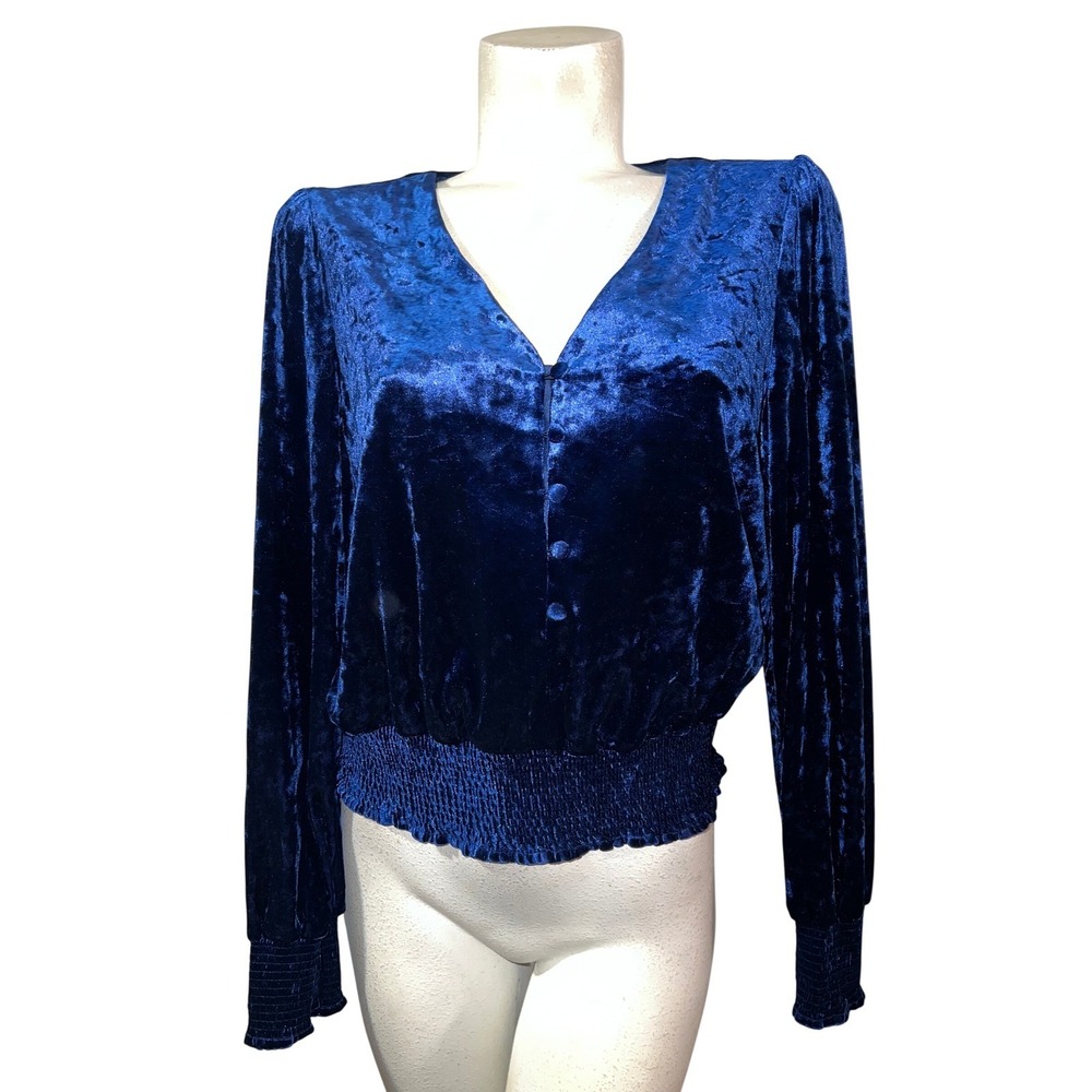 White House Black Market Royal Blue Crushed Velvet‎ Smocked Blouse Top Medium